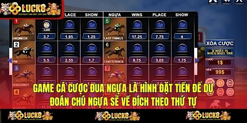 Game cá cược đua ngựa là hình đặt tiền để dự đoán chú ngựa sẽ về đích theo thứ tự